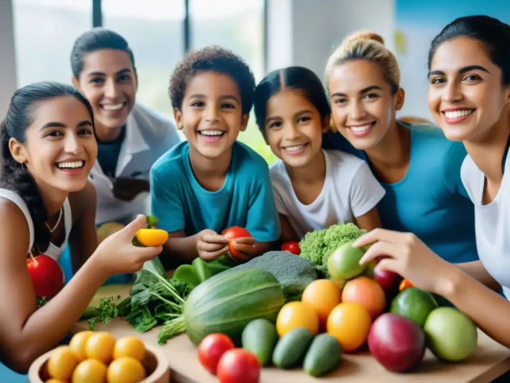 Programa de bienestar integral en Uruguay: Niños felices aprendiendo sobre nutrición en un centro comunitario moderno y colorido