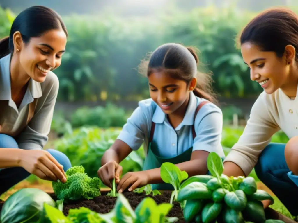 Programas educativos nutrición sustentable en Uruguay: niños plantan coloridas verduras con entusiasmo en un huerto escolar