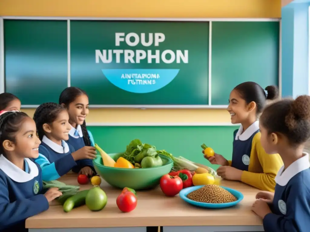 Programas educativos nutrición Uruguay: Niños uruguayos participan con entusiasmo en taller de nutrición en aula colorida y tecnológica