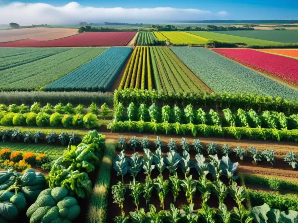 Un próspero campo de agricultura orgánica en Uruguay: cultivos coloridos bajo cielo azul, agricultores trabajando en armonía