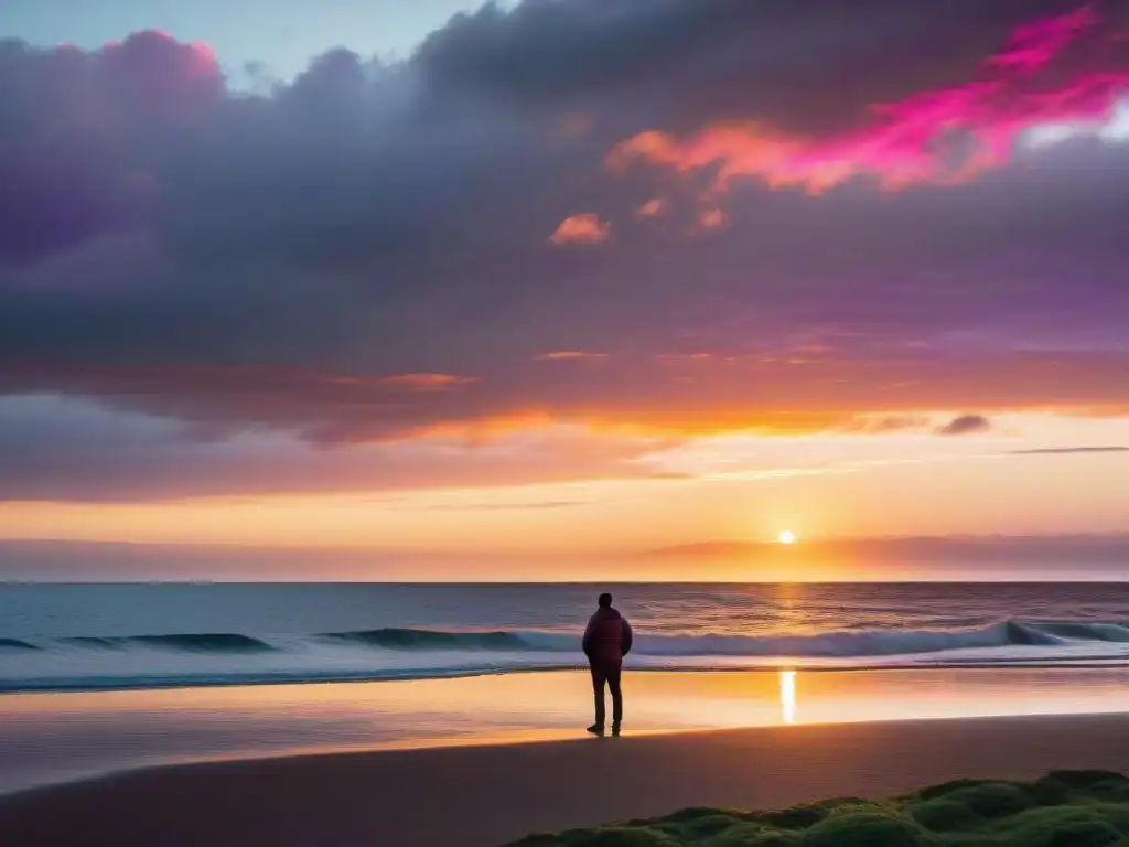 Puesta de sol en la costa de Uruguay con tonos rosados, naranjas y morados sobre aguas tranquilas, transmitiendo bienestar emocional y poesía uruguaya