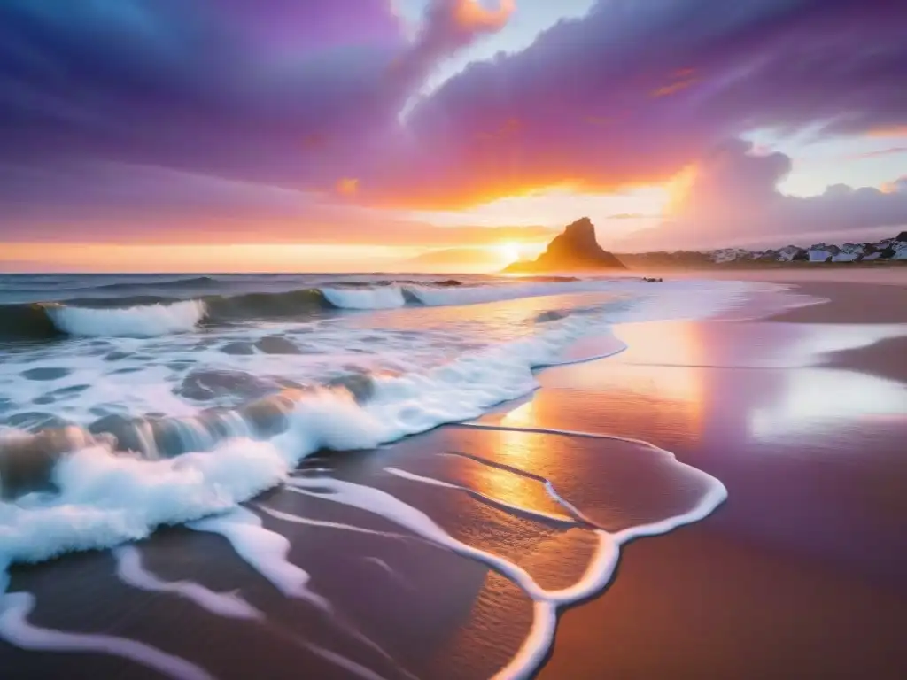 Puesta de sol dorada en una playa tranquila de Uruguay, brindando apoyo emocional en tiempos difíciles