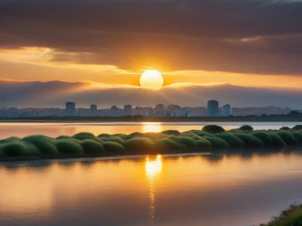 Puesta de sol dorada sobre el Río de la Plata, reflejando colores en el agua, ideal para practicar Mindfulness