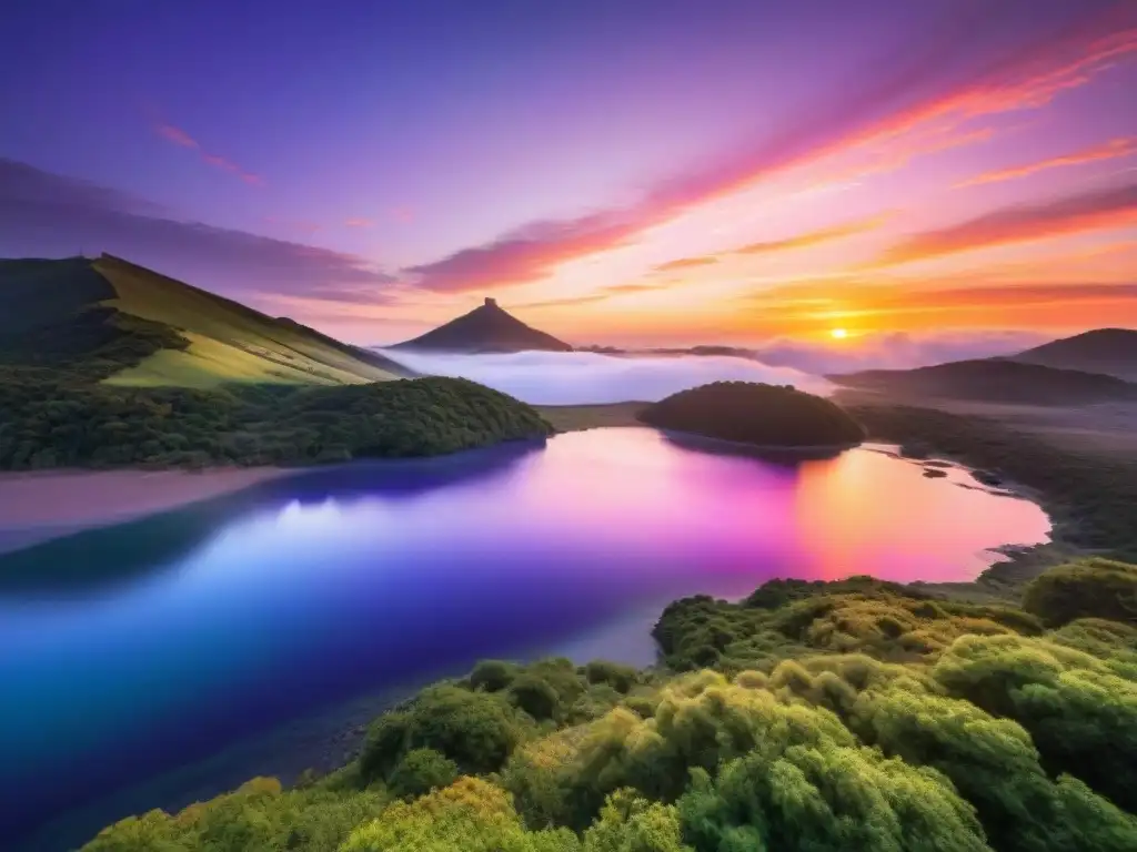 Puesta de sol en Laguna Garzón, Uruguay, colores vibrantes reflejados en aguas tranquilas, rodeada de naturaleza serena