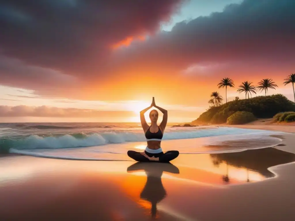 Puesta de sol en la playa de Uruguay con colores cálidos y personas practicando yoga