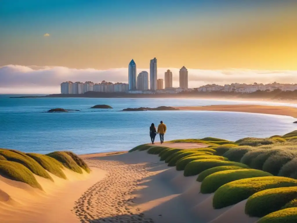 Puesta de sol en Punta del Este, Uruguay, con skyline moderno y pareja caminando en la playa