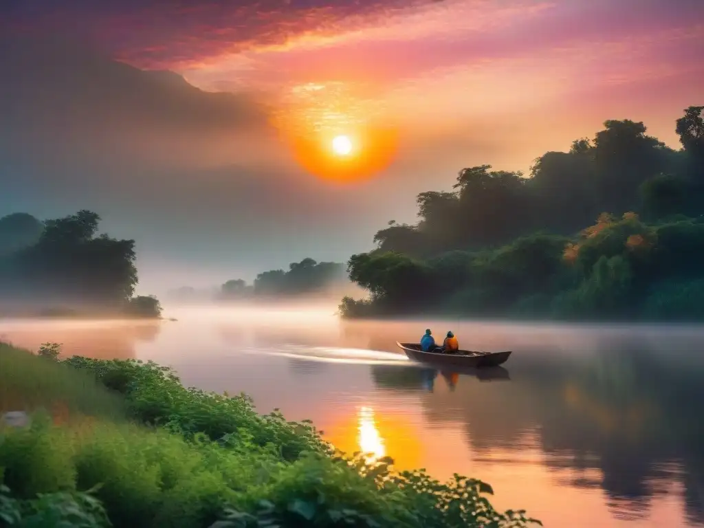 Puesta de sol sobre río sereno, reflejando tonos naranjas y rosados