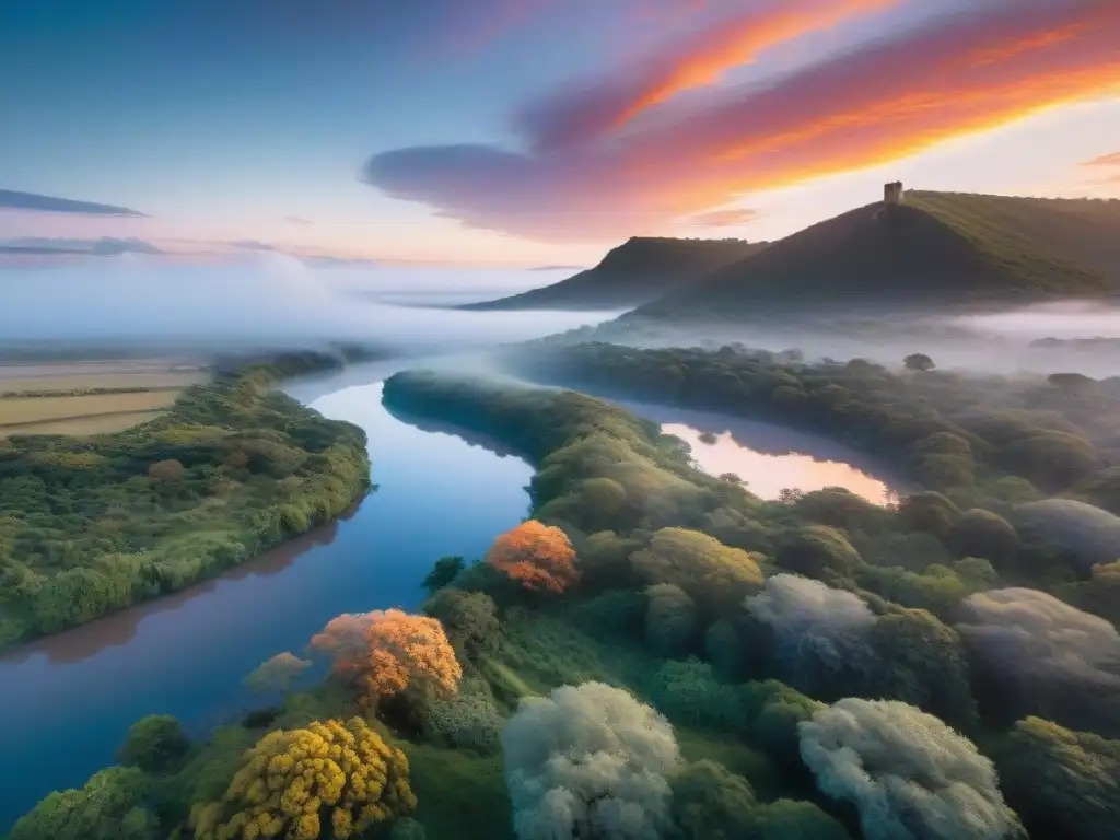 Puesta de sol serena sobre paisajes exuberantes de Rocha, Uruguay, reflejando colores vibrantes en río tranquilo, rodeado de flora y fauna variada