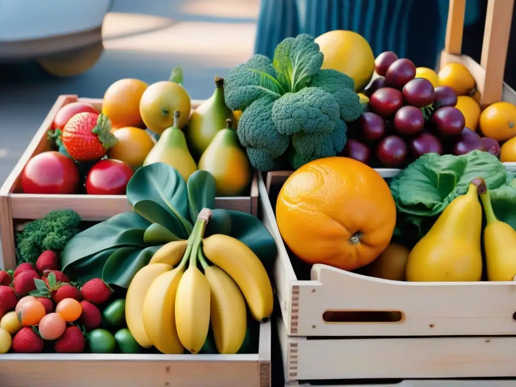 Un puesto de mercado en Uruguay rebosante de frutas y verduras coloridas bajo la luz dorada