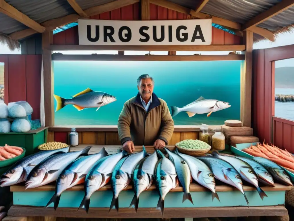 Un puesto de mercado en Uruguay rebosante de pescados frescos, colores vibrantes y un pescador orgulloso