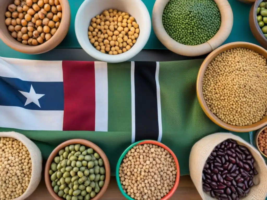 Un puesto de mercado uruguayo rebosante de legumbres frescas y coloridas bajo la luz del sol, con la bandera uruguaya ondeando al fondo