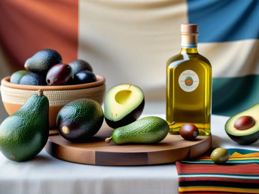 Un puesto de mercado uruguayo rebosante de aguacates, aceitunas, frutos secos y aceite de oliva, resaltando los beneficios de las grasas saludables en la dieta uruguaya