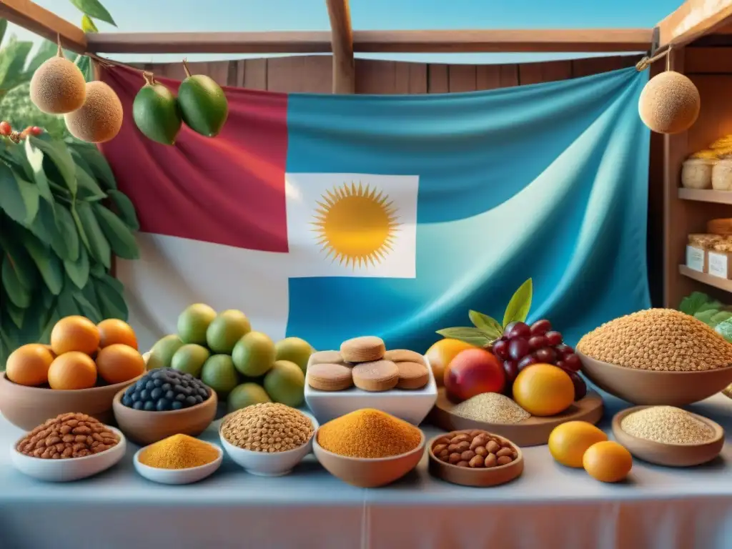 Un puesto vibrante de mercado en Uruguay rebosante de frutas frescas, nueces y snacks saludables como alfajores de avena y barras de quinoa