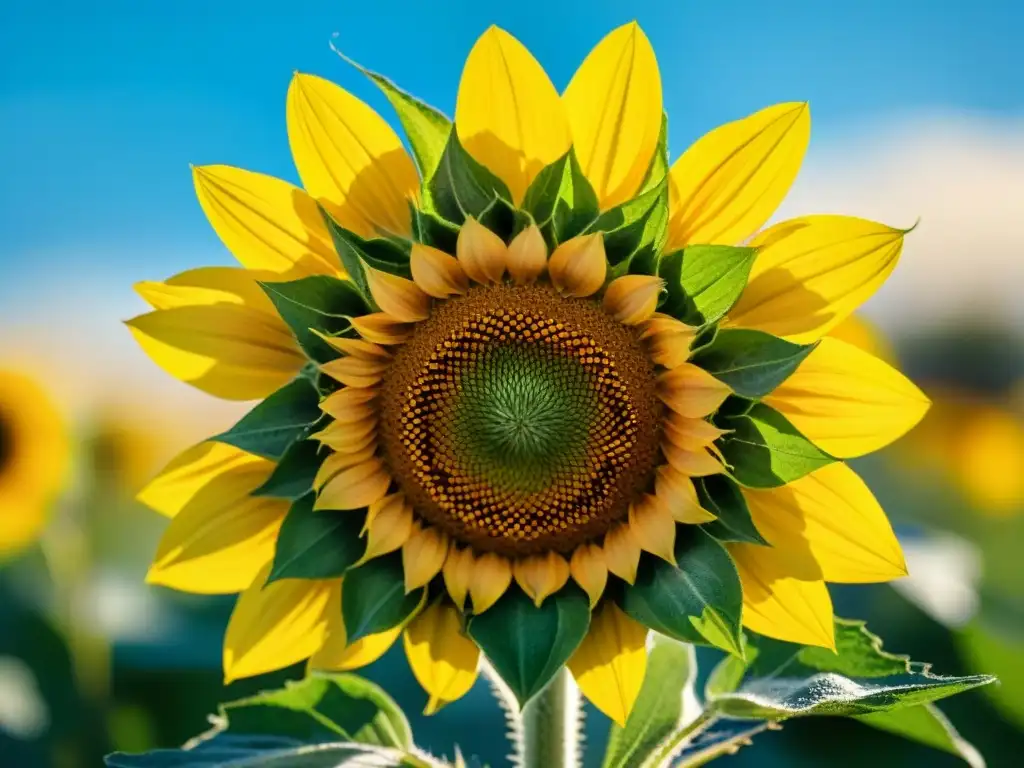 Radiante girasol amarillo con rocío, en un prado verde bajo cielo azul