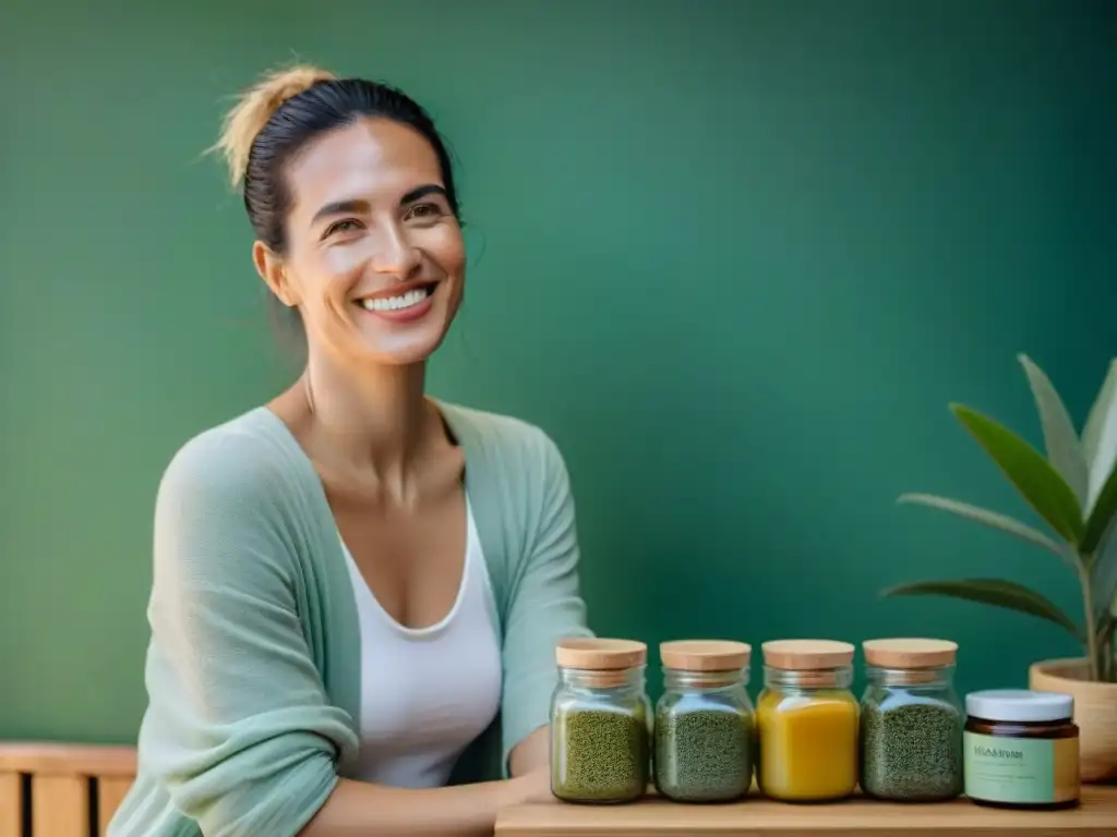 Radiante mujer uruguaya con productos zero waste en baño eco-friendly