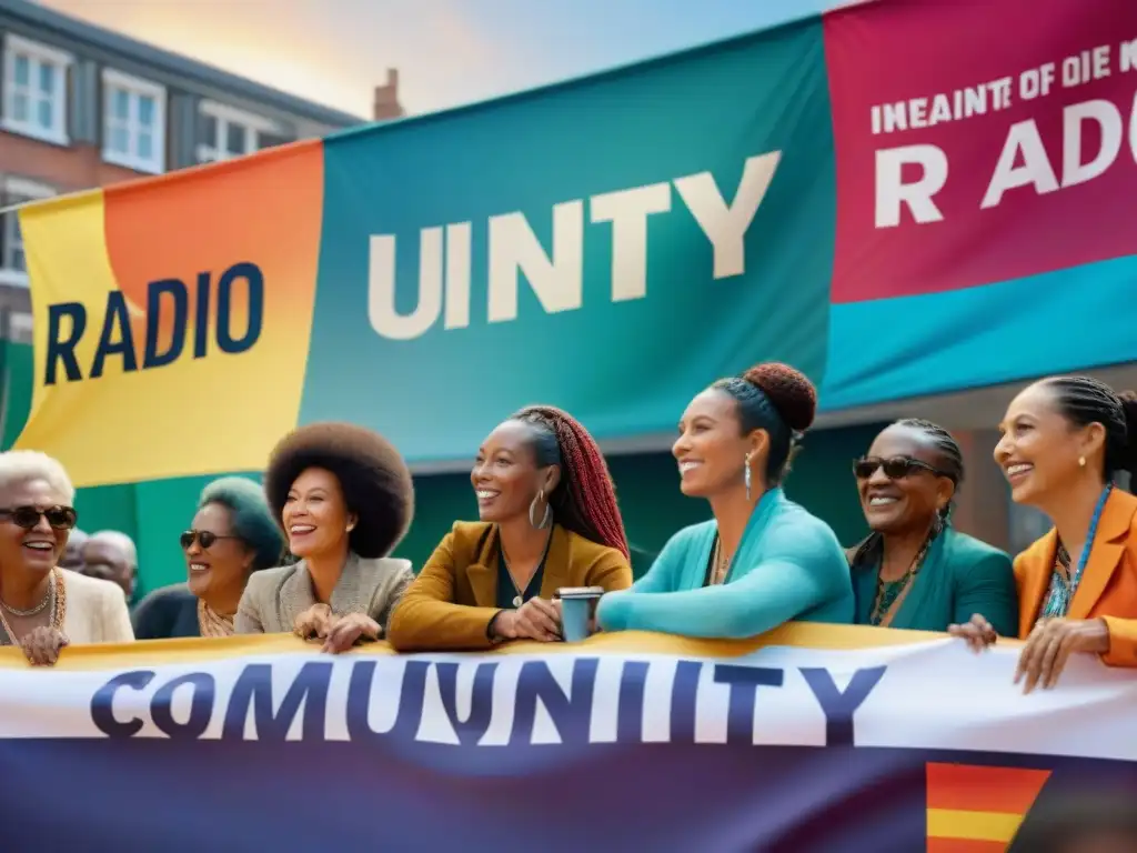 Radio comunitaria para bienestar integral: Comunidad diversa se reúne en la plaza, escuchando y participando en actividades en estación de radio