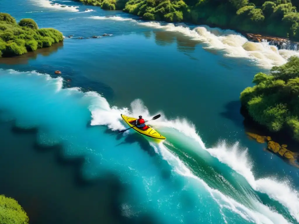 Kayaks en rápidos del Río Uruguay, rodeados de exuberante naturaleza y cielo azul