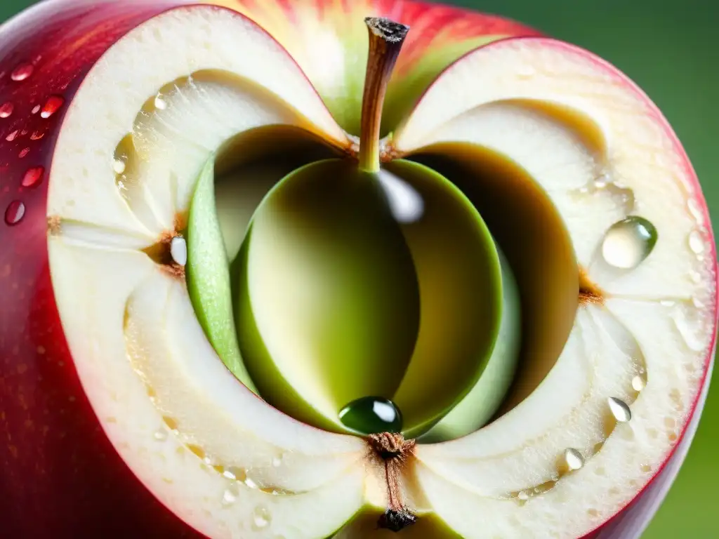 Rebanada de manzana fresca y jugosa, destacando sus colores vibrantes, textura crujiente y beneficios del vinagre de manzana en Uruguay