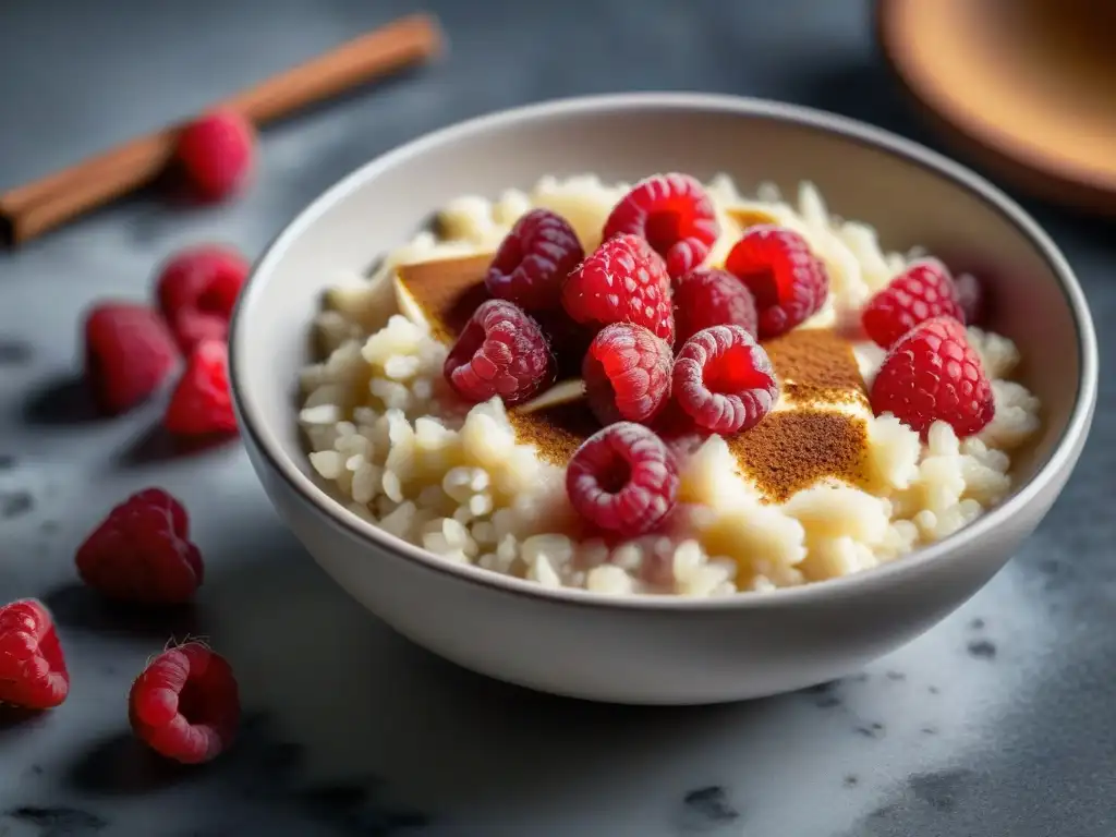 Receta arroz con leche saludable: Deliciosa presentación de arroz con leche cremoso y frambuesas frescas en un elegante bol sobre mármol