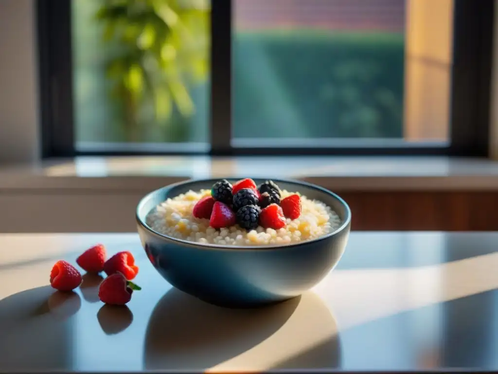 Receta arroz con leche saludable en cocina moderna, con canela y bayas frescas