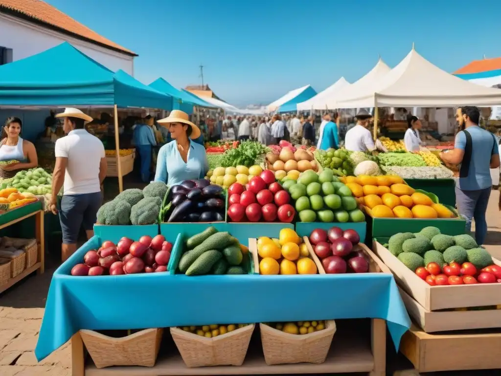 Recetas de alimentación consciente en un bullicioso mercado de Uruguay, repleto de frutas y verduras frescas bajo un cielo azul