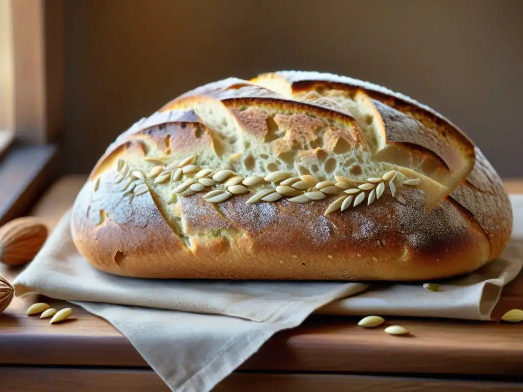 Recetas pan integral saludables Uruguay: Mesa rústica con pan recién horneado, decorado con semillas y granos, bañado por luz natural