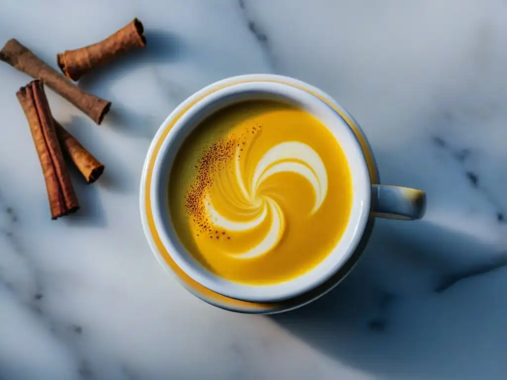 Una reconfortante taza de leche dorada de cúrcuma en una encimera de mármol, decorada con canela y raíces de cúrcuma