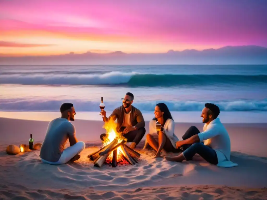 Reencuentro de amigos de la infancia en la playa de Uruguay al atardecer, entre risas y brindis alrededor de una fogata