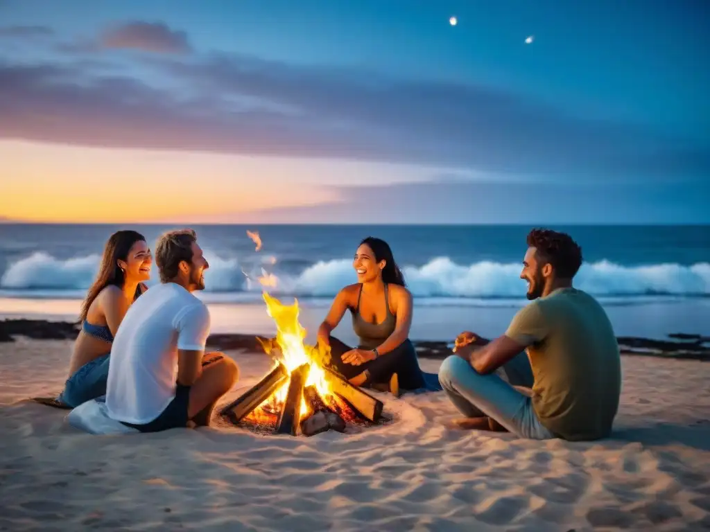 Reencuentro de amigos de infancia en una playa de Uruguay, riendo alrededor de una fogata bajo un cielo estrellado