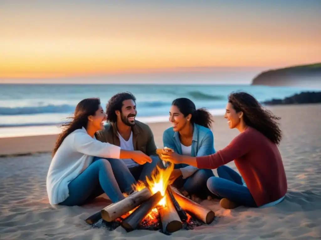 Reencuentro de amigos de infancia en la playa de Uruguay, risas y nostalgia alrededor de la fogata