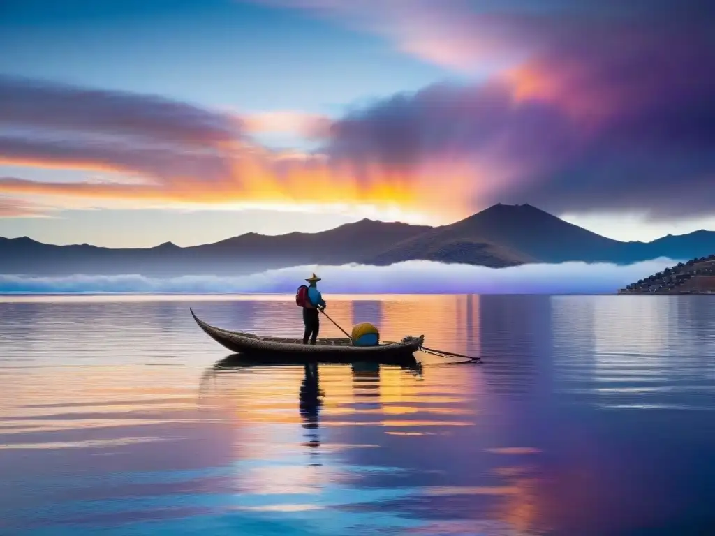 Reflejo del Lago Titicaca al atardecer en Uruguay, con colores vibrantes y barca tradicional, mostrando cómo el cambio climático afecta el agua