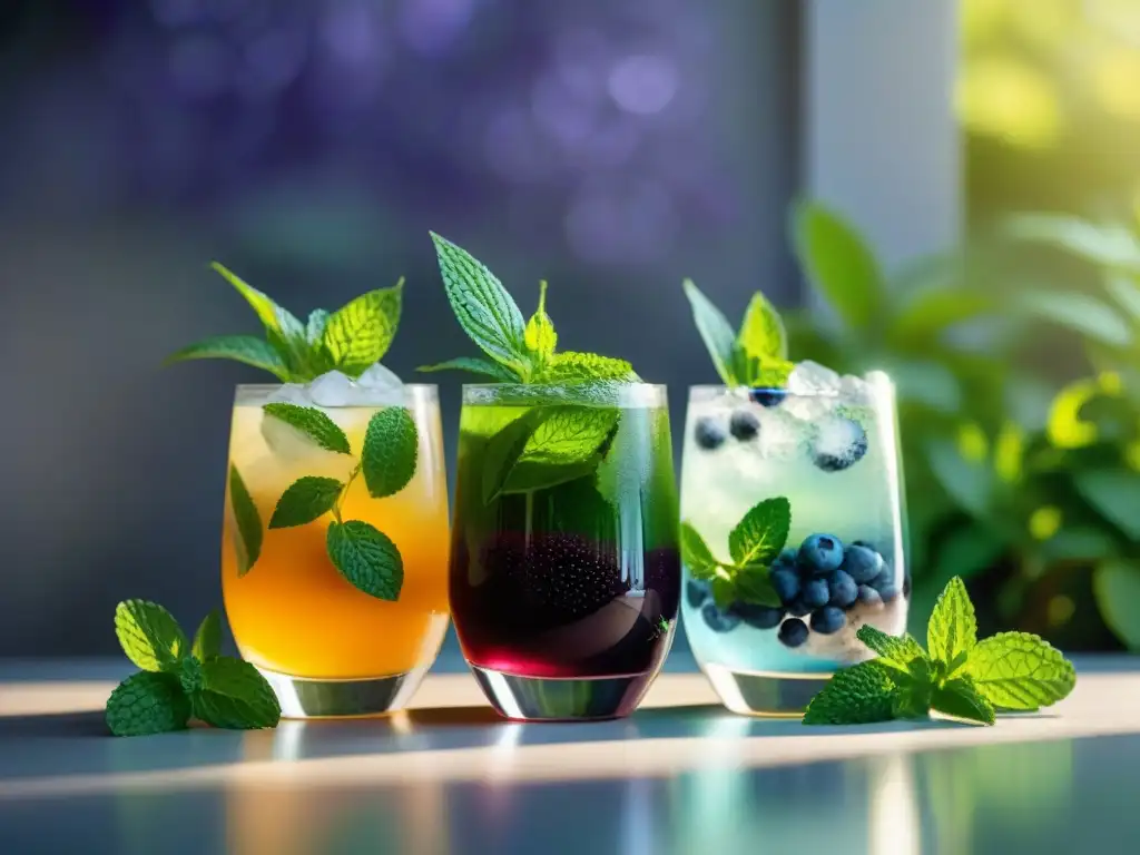 Refrescantes bebidas detox en copas modernas, rodeadas de exuberante vegetación