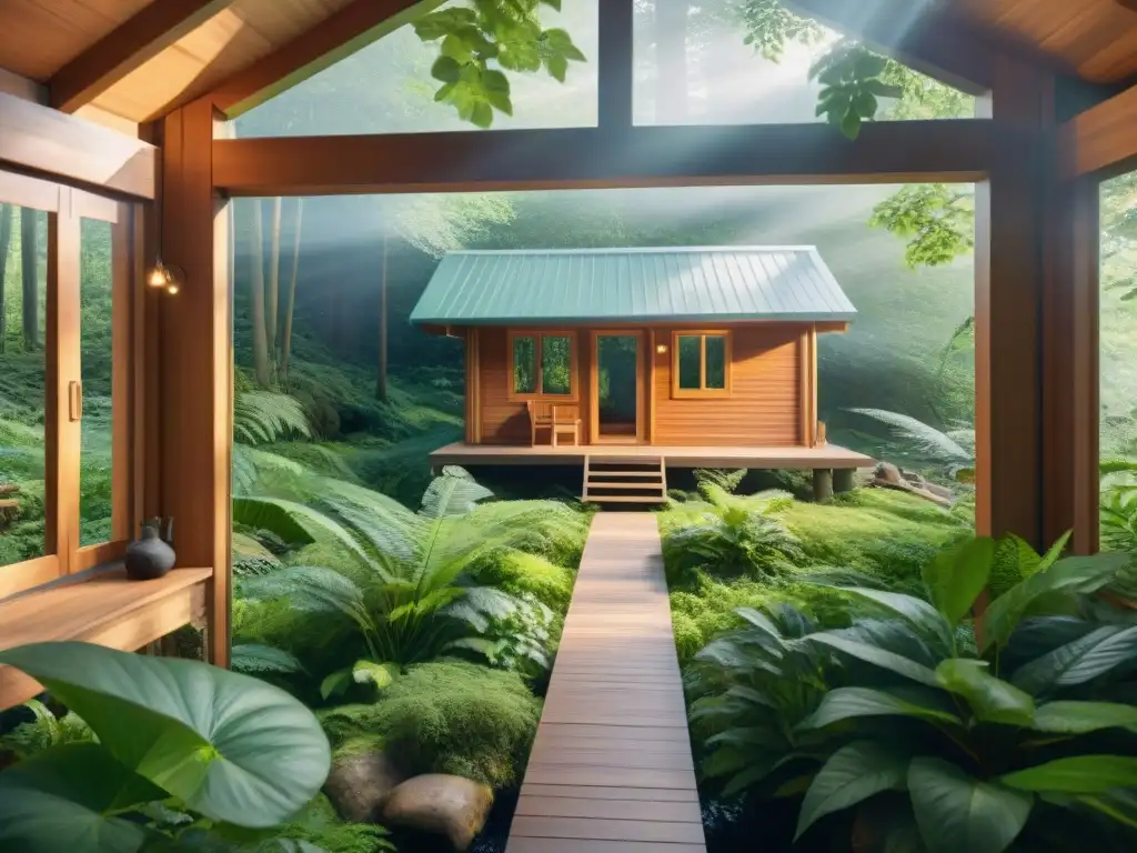 Refugio acogedor en el bosque: cabaña de madera entre árboles verdes, libros y plantas, ideal para prácticas de autoayuda en Uruguay