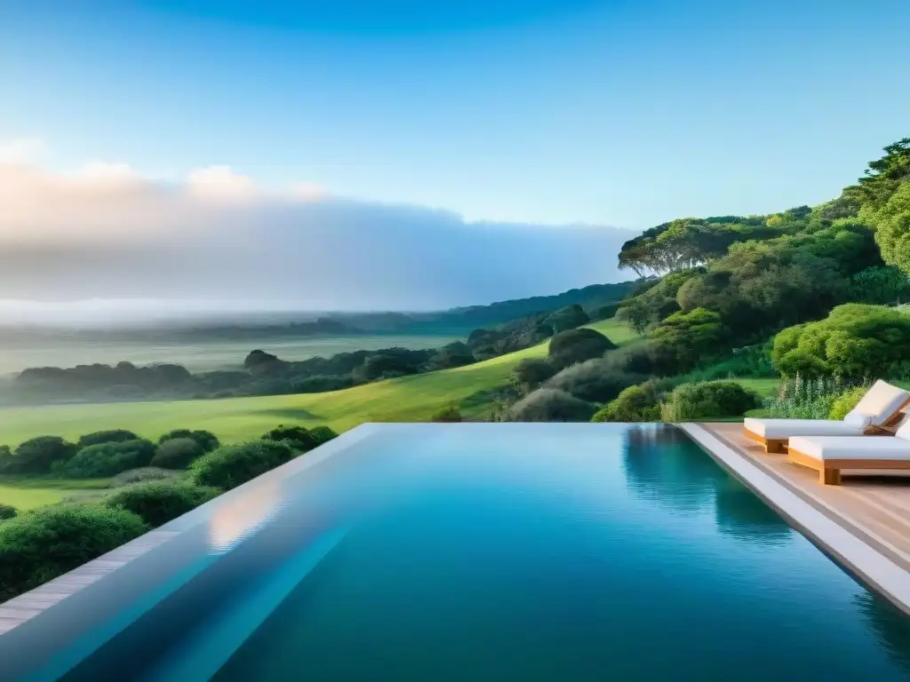 Un refugio de bienestar de lujo en Uruguay, con piscina infinita y vistas a colinas verdes, ideal para empresarios