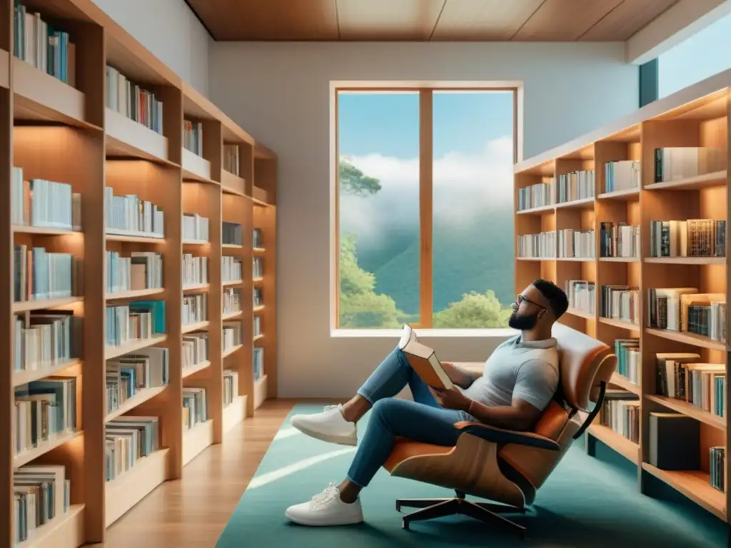 Un refugio de calma y sabiduría: una biblioteca moderna con amplias ventanas y luz natural