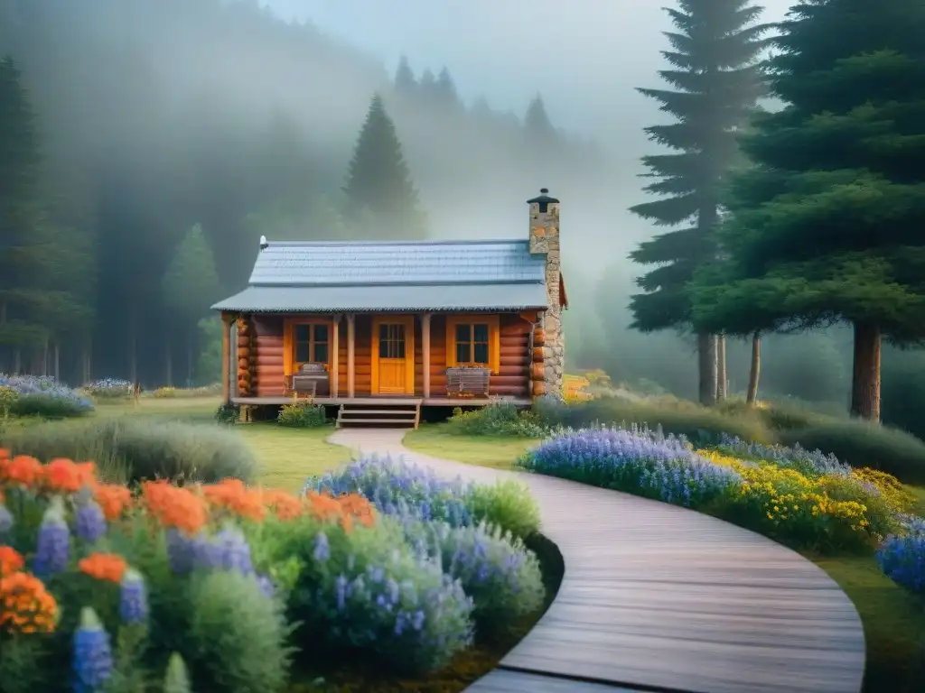 Refugio de madera rodeado de pinos y flores silvestres en retiros de silencio Uruguay