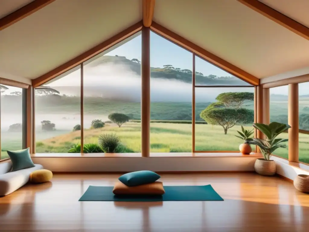 Un refugio sereno de retiros de yoga en Uruguay, con un estudio moderno y minimalista con vista a paisajes verdes