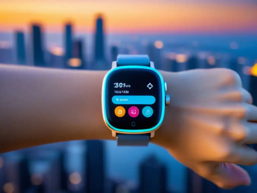 Un reloj inteligente futurista con pantalla personalizable mostrando datos de salud y metas fitness, en una ciudad tecnológica al atardecer