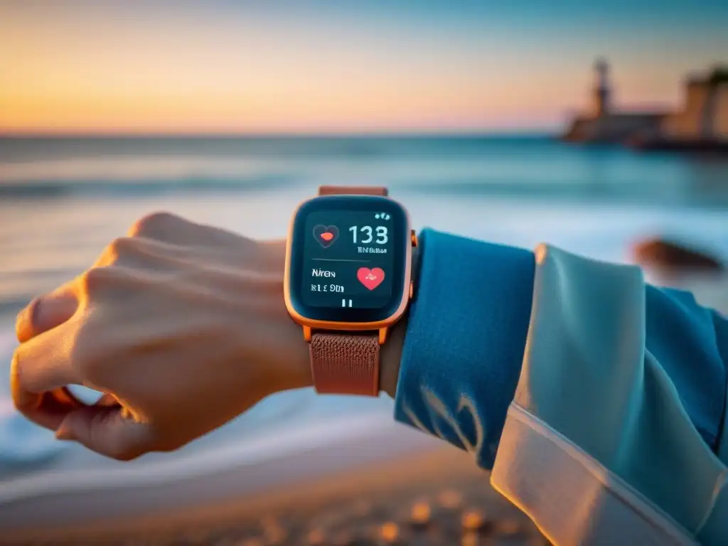 Un reloj inteligente moderno en una playa de Uruguay al atardecer, mostrando características de salud