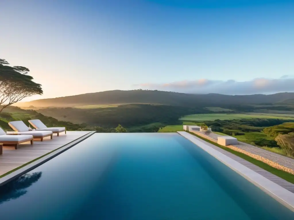 Un remanso de bienestar en Uruguay: piscina infinita al aire libre con vistas a las montañas verdes y cielo azul