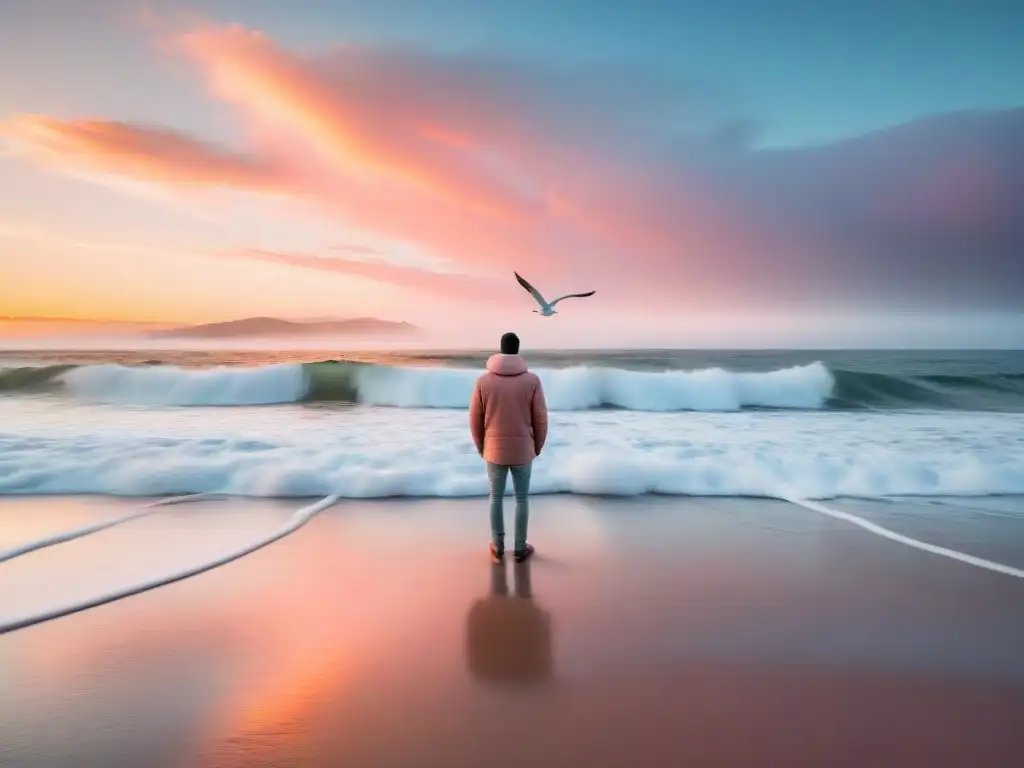 Practicando respiración profunda en la serena playa de Uruguay al amanecer, rodeado de gaviotas y colores pastel en el cielo