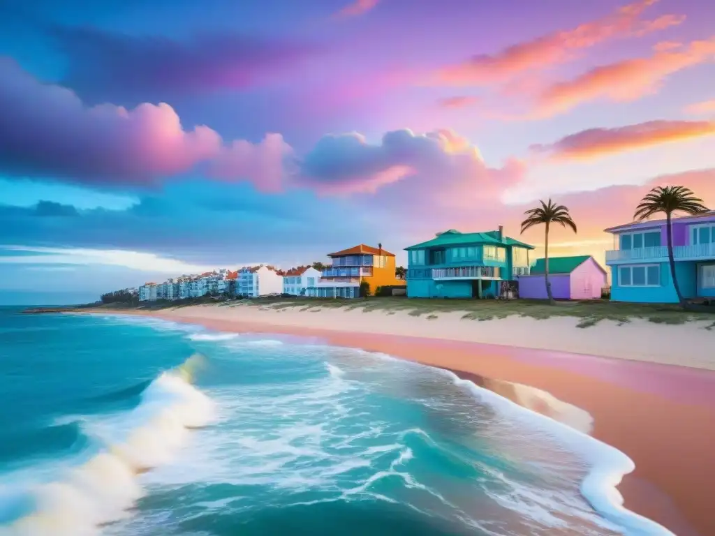 Resplandeciente costa de Punta del Este, Uruguay, con aguas turquesas y arena dorada bajo un atardecer vibrante