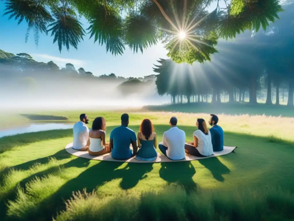 Retiro al aire libre en Uruguay: grupo diverso meditando en círculo en prado verde bajo cielo azul