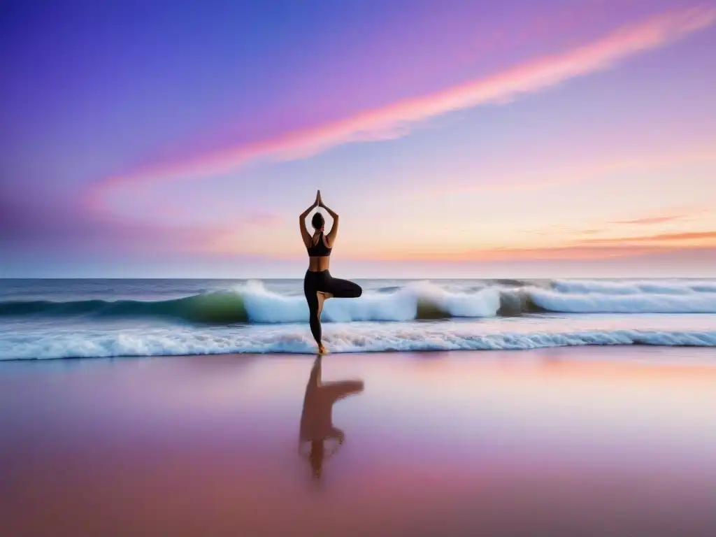 Retiro artístico y bienestar en Uruguay: Amanecer sereno en la playa con tonos pastel y una persona practicando yoga al amanecer