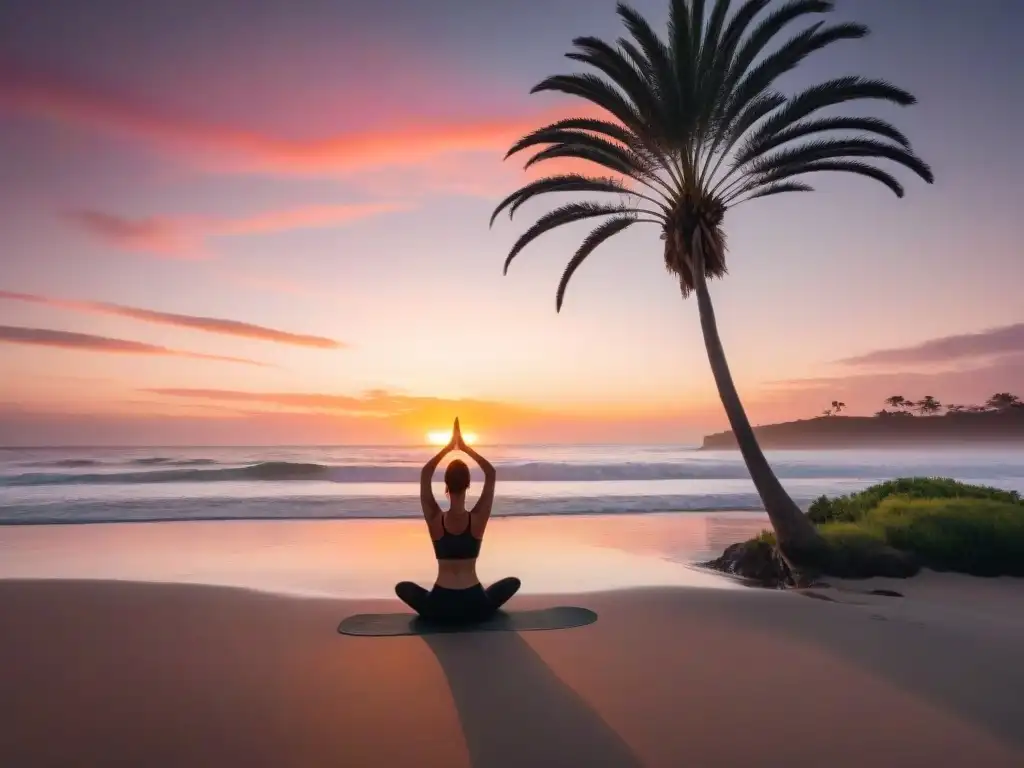 Retiro de bienestar en Uruguay: Atardecer sereno en playa solitaria, figura practicando yoga entre palmeras