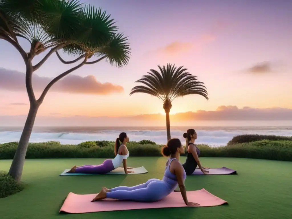 Un retiro de bienestar en Uruguay con diversidad de personas practicando yoga al atardecer frente al mar