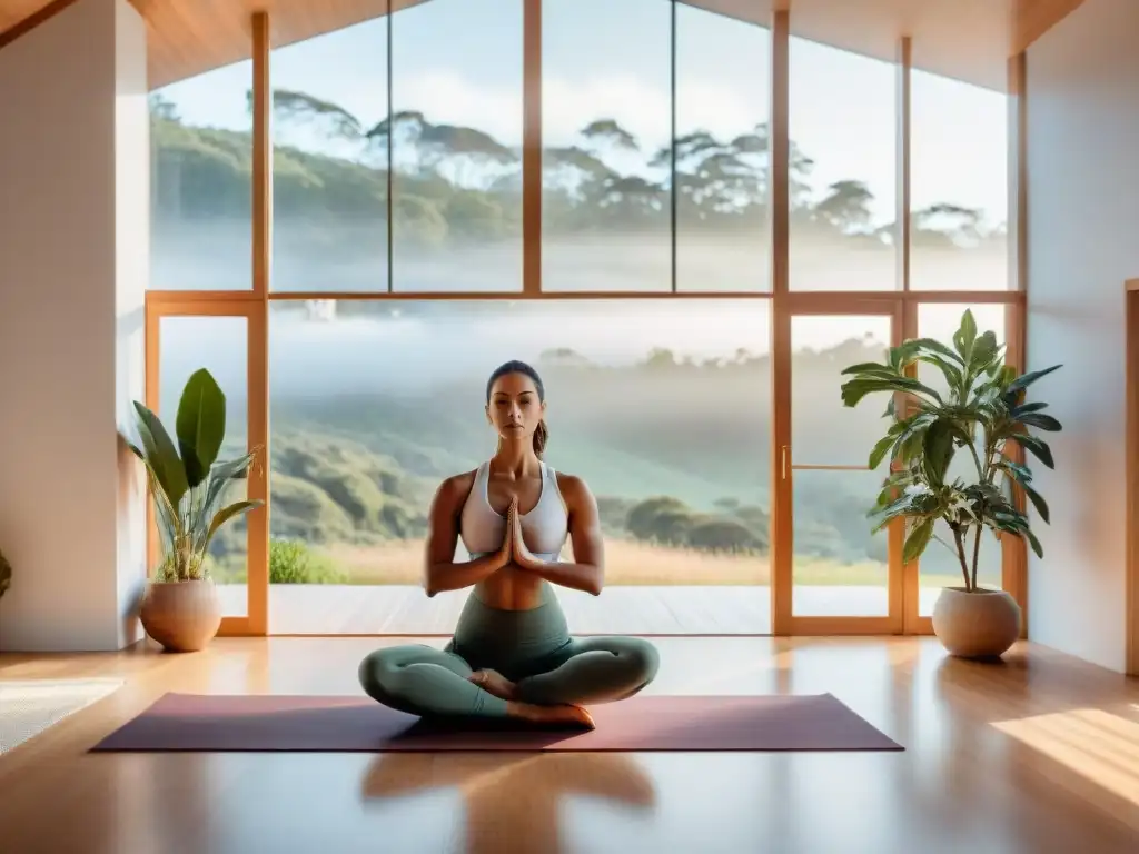 Retiro de bienestar en Uruguay con estudio de yoga luminoso y personas diversas practicando yoga y meditación en armonía