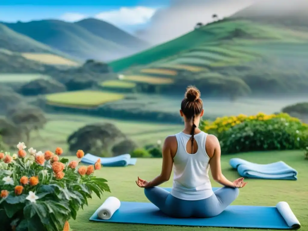 Un retiro de bienestar holístico en Uruguay, con personas practicando yoga en armonía en un entorno natural sereno