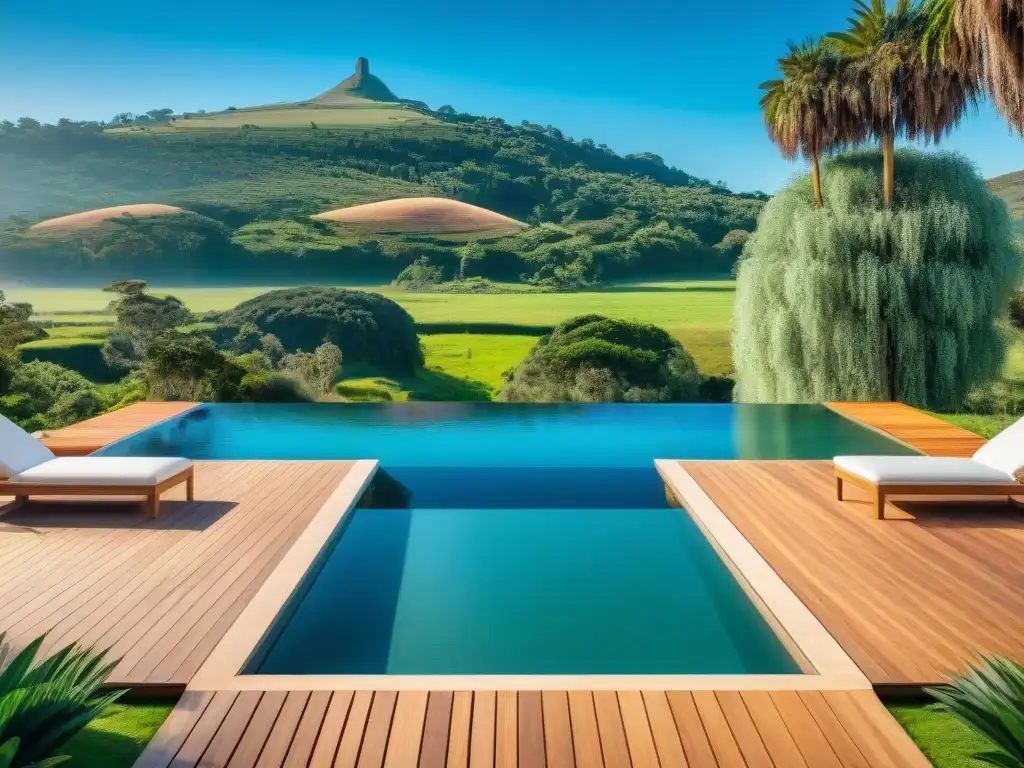 Retiro de bienestar holístico en Uruguay con piscina cristalina rodeada de palmeras y colchonetas de yoga en madera, bajo cielo azul y colinas lejanas