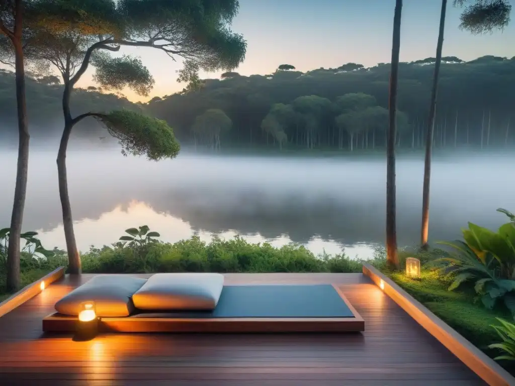 Un retiro de bienestar integral en Uruguay: deck de yoga al aire libre rodeado de vegetación, con vista al lago al atardecer